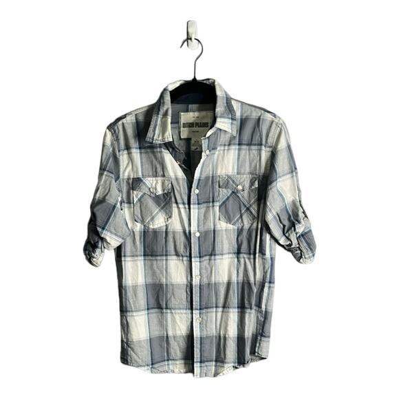 Boys Ditch Plains Blue and Gray Plaid Snap Front Shirt Size Large - Picture 1 of 7